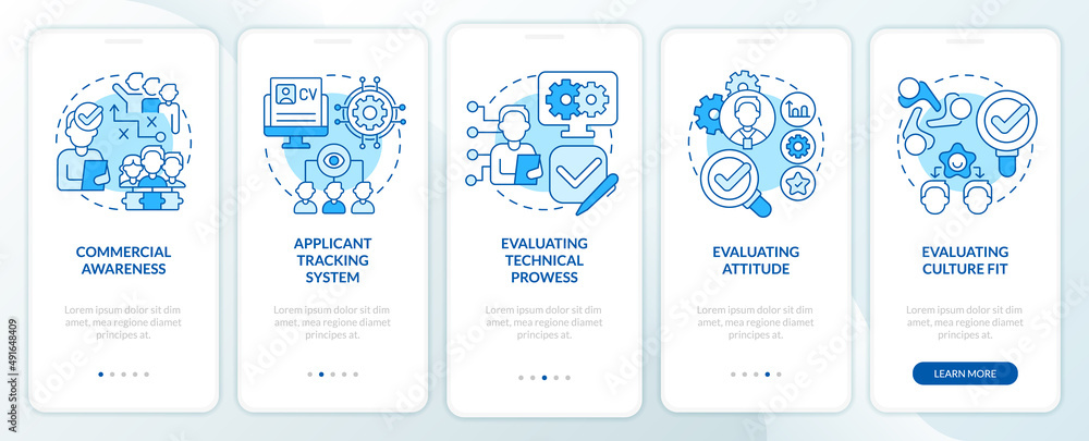 HR skills for business blue onboarding mobile app screen. Technology walkthrough 5 steps graphic instructions pages with linear concepts. UI, UX, GUI template. Myriad Pro-Bold, Regular fonts used