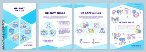 HR soft skills blue brochure template. Employment process. Leaflet design with linear icons. 4 vector layouts for presentation, annual reports. Arial-Black, Myriad Pro-Regular fonts used