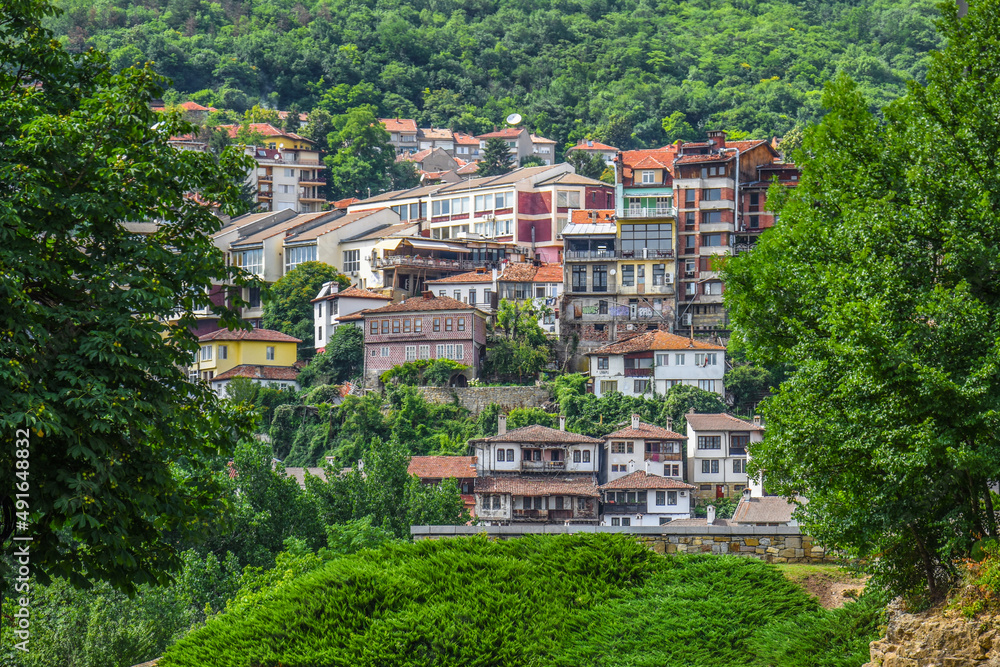 Fototapeta premium Houses on the mountain city landscape - Veliko Tarnovo Bulgaria