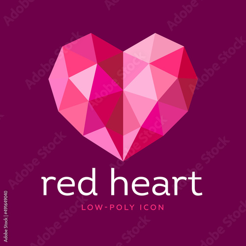 Low poly heart icon. Ruby gemstone. Faceted red crystal like heart on a dark background.  