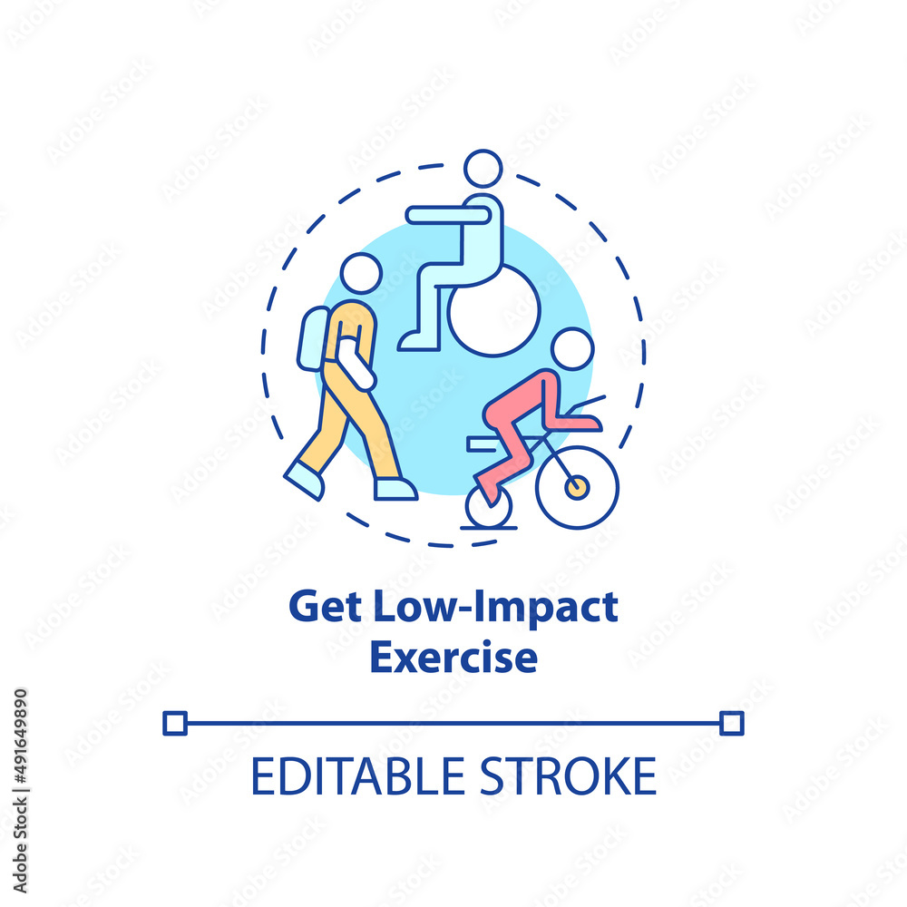 Get low-impact exercise concept icon. Improving joint health naturally tip abstract idea thin line illustration. Fitness. Isolated outline drawing. Editable stroke. Arial, Myriad Pro-Bold fonts used Get low-impact exercise concept icon. Improving joint health naturally tip abstract idea thin line illustration. Fitness. Isolated outline drawing. Editable stroke. Arial, Myriad Pro-Bold fonts used