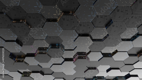 3d abstract technology black background. Abstract concept data center technology. Artificial Intelligence. Personal data security, processing or protection. 3d render.