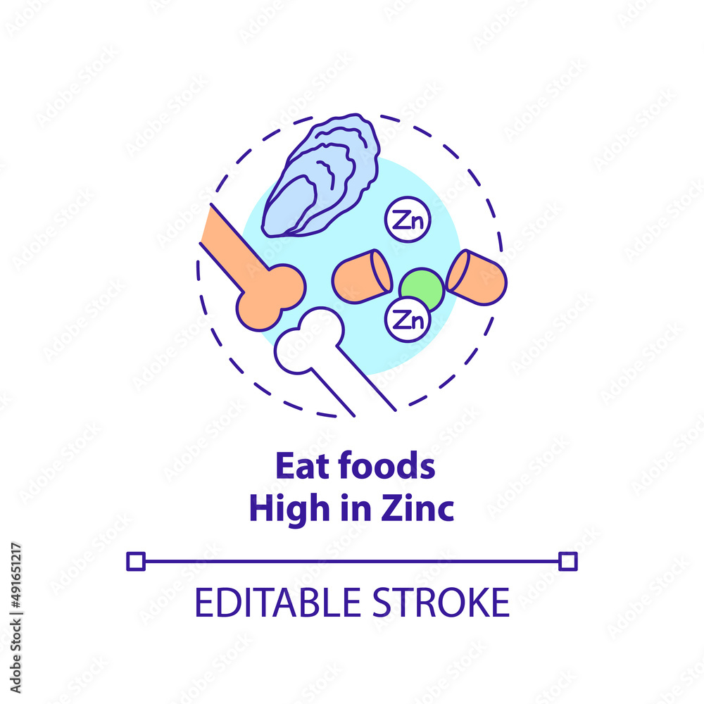 Eat foods high in zinc concept icon. Maintaining healthy joints and bones abstract idea thin line illustration. Seafood. Isolated outline drawing. Editable stroke. Arial, Myriad Pro-Bold fonts used Eat foods high in zinc concept icon. Maintaining healthy joints and bones abstract idea thin line illustration. Seafood. Isolated outline drawing. Editable stroke. Arial, Myriad Pro-Bold fonts used