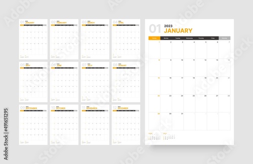 Wall or desk calendar template for 2023 with week start on Sunday. Diary planner template.