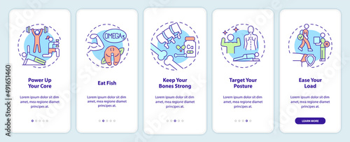 Advices for healthy joints onboarding mobile app screen. Eat fish walkthrough 5 steps graphic instructions pages with linear concepts. UI, UX, GUI template. Myriad Pro-Bold, Regular fonts used