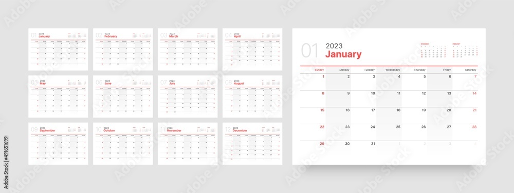 Monthly calendar template for 2023 year. Wall calendar in a minimalist style. Week Starts on Sunday. - obrazy, fototapety, plakaty 