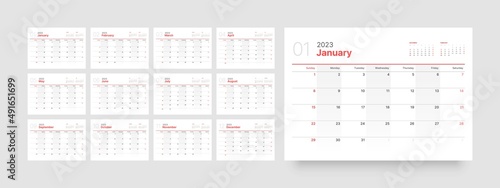 Monthly calendar template for 2023 year. Wall calendar in a minimalist style. Week Starts on Sunday.