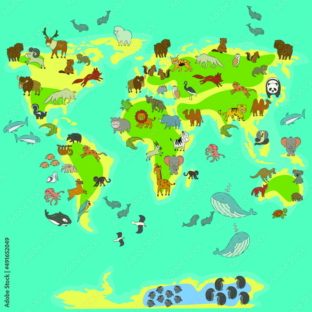 Fototapeta dla chłopca Animal world map. Continent, sea and ocean fauna. World wildlife