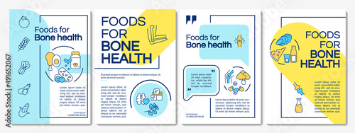 Nutrition for bone health blue and yellow brochure template. Vegetables, fish. Leaflet design with linear icons. 4 vector layouts for presentation, annual reports. Questrial, Lato-Regular fonts used