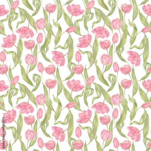 Watercolor hand drawn flowers tulips seamless pattern. Spring Botanical illustration. For background, greeting cards, invitation, birthday and mothers day, linen, wrapping paper, wallpaper, textile.