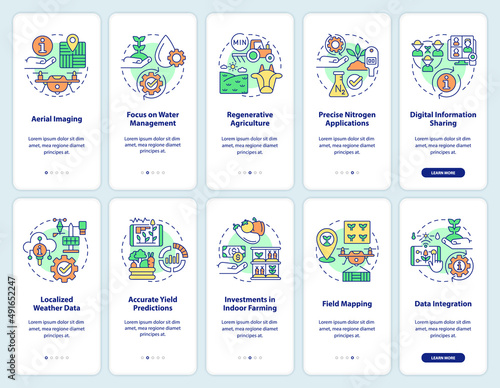 Farming trends onboarding mobile app screen set. Agriculture walkthrough 5 steps graphic instructions pages with linear concepts. UI, UX, GUI template. Myriad Pro-Bold, Regular fonts used