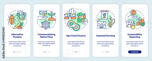 Agricultural trends onboarding mobile app screen. Farming work walkthrough 5 steps graphic instructions pages with linear concepts. UI, UX, GUI template. Myriad Pro-Bold, Regular fonts used