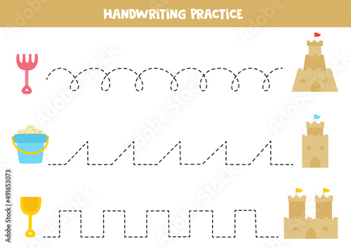 Tracing lines with cute sand castles. Writing practice.