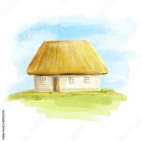 Ukrainian house with a straw roof. Ukrainian hut in the meadow