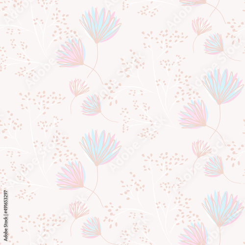 Vector seamless half-drop pattern  with leaves  and flowers