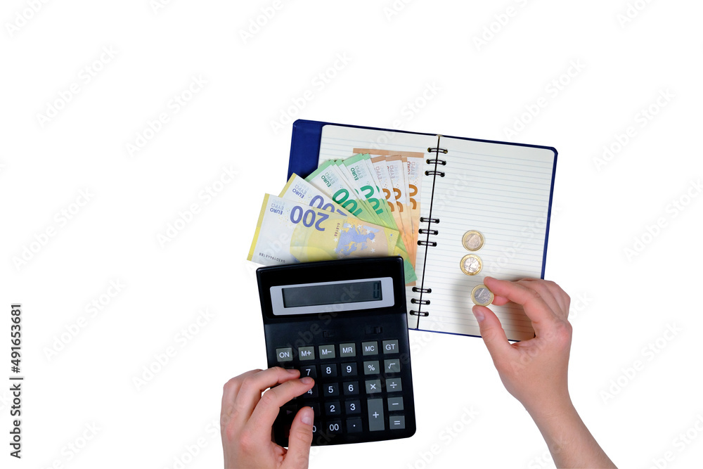 Hands with money and calculator. Euro banknotes. Accounting concept