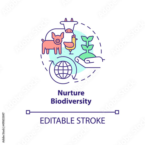 Nurture biodiversity concept icon. Production of farm. Shift to regenerative culture abstract idea thin line illustration. Isolated outline drawing. Editable stroke. Arial, Myriad Pro-Bold fonts used