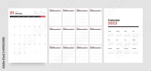 Wall or desk calendar template for 2023 with week start on Sunday. Diary planner template.