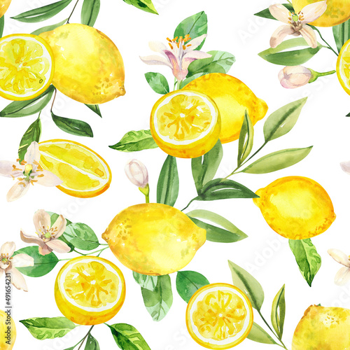 Watercolor hand painted citrus lemon fruits, flowers and branches. Watercolor hand drawn seamless pattern, wallpaper, wrapping paper, aromatherapy, essential oils