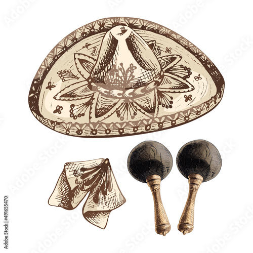 79_sombrero_sombrero, shawl, tie, vintage color prints, illustrations for posters, sites, isolated on white