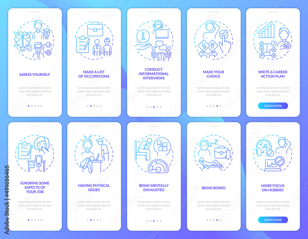 Choosing right career blue gradient onboarding mobile app screen set. Walkthrough 5 steps graphic instructions pages with linear concepts. UI, UX, GUI template. Myriad Pro-Bold, Regular fonts used Choosing right career blue gradient onboarding mobile app screen set. Walkthrough 5 steps graphic instructions pages with linear concepts. UI, UX, GUI template. Myriad Pro-Bold, Regular fonts used