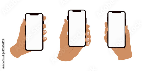 Variety of hands holding smartphones with empty screen . Modern vector illustration of hands holding cell phones with a plain screen. Web, App design infographics. Hand drawn flat isolated elements. 