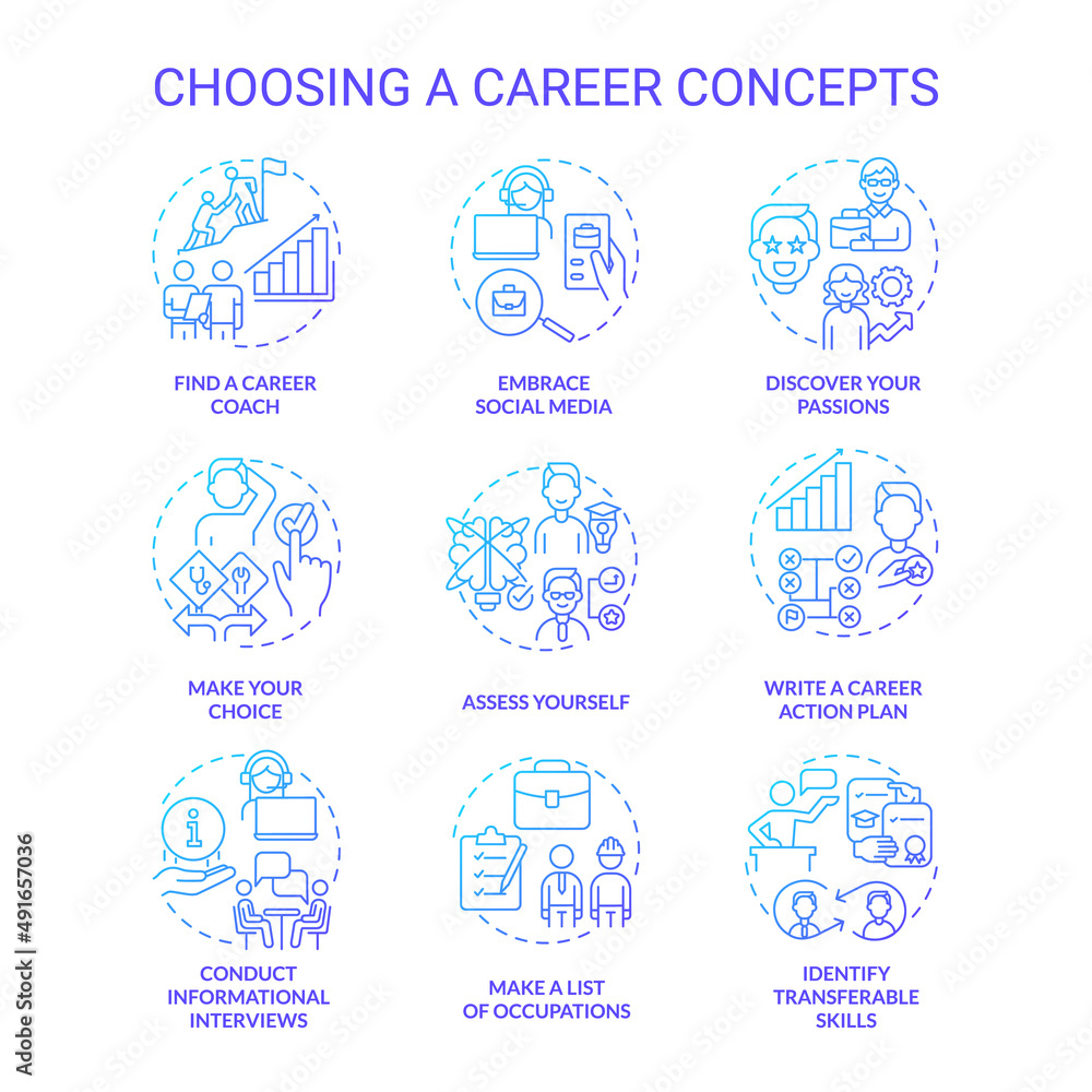 Choosing career blue gradient concept icons set. Make occupations list idea thin line color illustrations. Conduct informational interviews. Isolated symbols. Roboto-Medium, Myriad Pro-Bold fonts used Choosing career blue gradient concept icons set. Make occupations list idea thin line color illustrations. Conduct informational interviews. Isolated symbols. Roboto-Medium, Myriad Pro-Bold fonts used