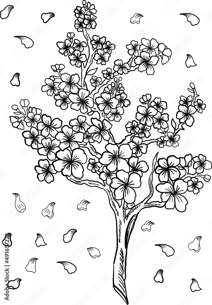 Naklejka premium Branch of Cherry blossom on white.Vector illustration Sakura Flower,Nice Peach blossom isolated vector.Japanese floral.Nature background with blossom branch of sakura flower vector.Gold line apricot.