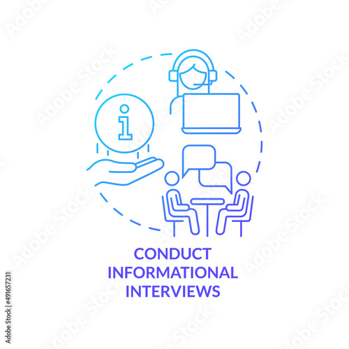 Conduct informational interviews blue gradient concept icon. Step to choose career abstract idea thin line illustration. Planning future. Isolated outline drawing. Myriad Pro-Bold font used