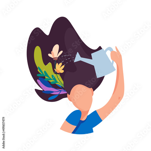 A Happy girl with long flying hair waters herself and grow flowers and positive emotions.  Girls with  flowers on the head and in the hair cute illustration. Mental health and selfcare design concept.