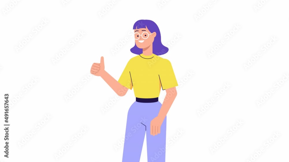 Happy young woman standing and showing thumb up. Character Animation. positive emotion, hand gesture. like, agree, approve concept, success, satisfaction. 2d flat cartoon style Happy young woman standing and showing thumb up. Character Animation. positive emotion, hand gesture. like, agree, approve concept, success, satisfaction. 2d flat cartoon style