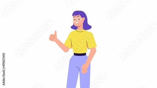 Happy young woman standing and showing thumb up. Character Animation. positive emotion, hand gesture. like, agree, approve concept, success, satisfaction. 2d flat cartoon style