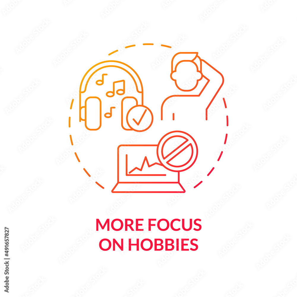 More focus on hobbies red gradient concept icon. Hint you are in wrong profession abstract idea thin line illustration. Motivation lack. Isolated outline drawing. Myriad Pro-Bold font used More focus on hobbies red gradient concept icon. Hint you are in wrong profession abstract idea thin line illustration. Motivation lack. Isolated outline drawing. Myriad Pro-Bold font used