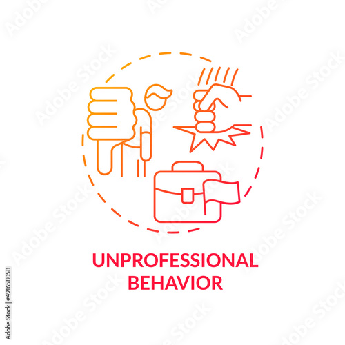 Unprofessional behavior red gradient concept icon. Warning sign in recruitment interview abstract idea thin line illustration. Bullying on job. Isolated outline drawing. Myriad Pro-Bold font used