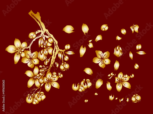 Branch of Cherry blossom on white.Vector illustration Sakura Flower,Nice Peach blossom isolated vector.Japanese floral.Nature background with blossom branch of sakura flower vector.Gold line apricot.