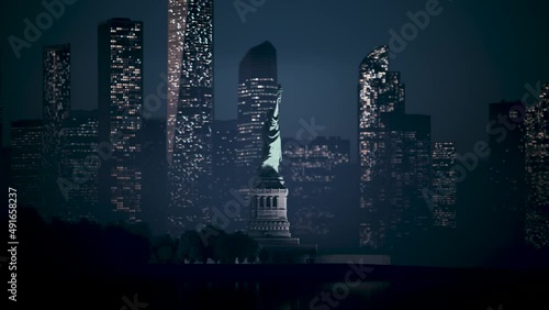 Statue of liberty on the night skyscrapers background. The Statue of Liberty with Lower Manhattan background. 3d illustration