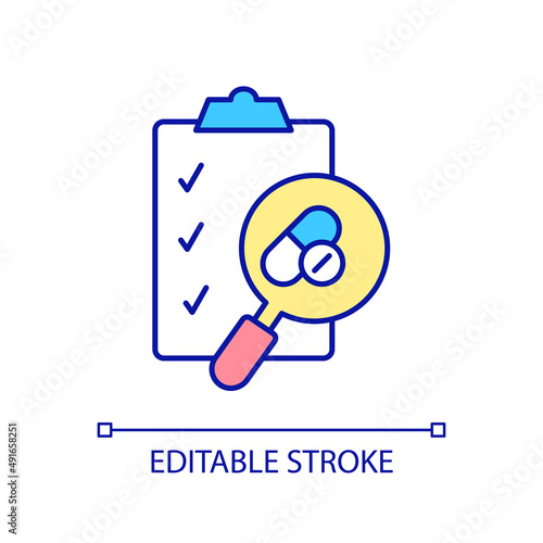 Report about medication tests RGB color icon. Clinical trials providing. Disease cure investigation. Isolated vector illustration. Simple filled line drawing. Editable stroke. Arial font used