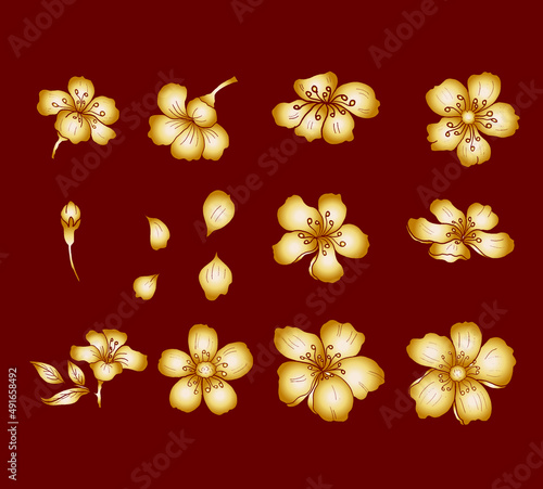 Branch of Cherry blossom on white.Vector illustration Sakura Flower,Nice Peach blossom isolated vector.Japanese floral.Nature background with blossom branch of sakura flower vector.Gold line apricot.