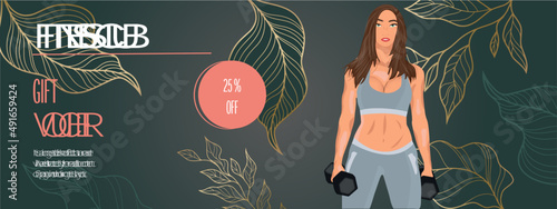Pink card promotion voucher banner background with fitness girl.
