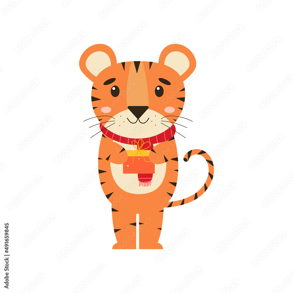 Fototapeta premium New year tiger with holiday gift. Symbol 2022. Template for card, postcard, poster, banner, background, wallpaper, sale, advertising, marketing, promo