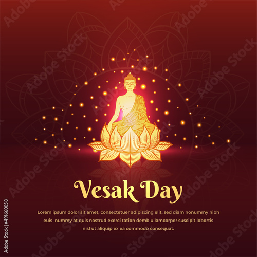 Vesak day background with silhouette of lord buddha and sparkling light and glitter glow effect.