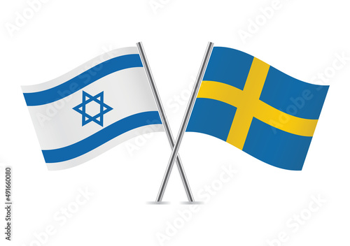 Israel and Sweden crossed flags. Israeli and Swedish flags isolated on white background. Vector icon set. Vector illustration.