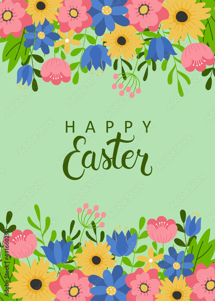 Easter greeting card template. Hand drawn text on green background with colorful flowers. Template for poster, greeting card, invitation or postcard Easter greeting card template. Hand drawn text on green background with colorful flowers. Template for poster, greeting card, invitation or postcard