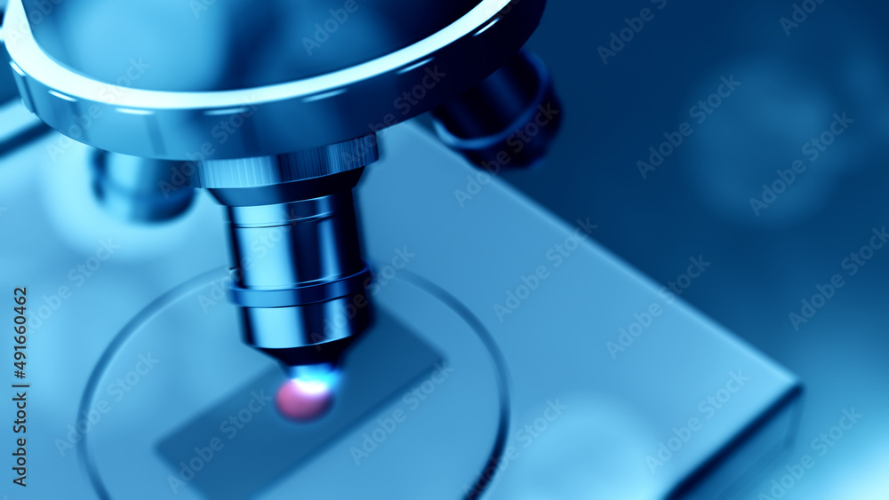 top view of an optical microscope in a science laboratory, focus on the lens, concept of scientific or medical research (3d render) top view of an optical microscope in a science laboratory, focus on the lens, concept of scientific or medical research (3d render)