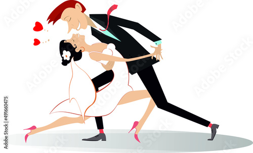 Dancing married wedding couple illustration. 
Heart symbol and dancing happy man and woman in the white dress and wedding veil isolated on white

