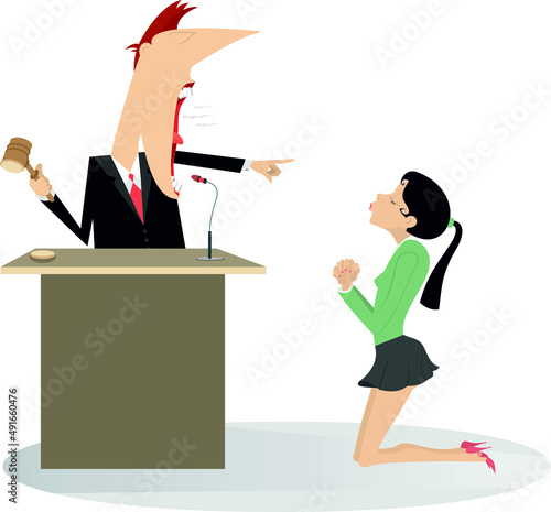 Judge court, judge and convicted woman illustration.
Angry judge announces the sentence to a kneeling woman offender isolated on white background
