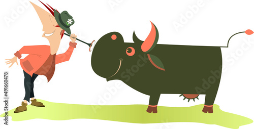 Cartoon veterinarian or farmer and cow illustration. 
Funny man in the hat examines a smiling cow by endoscope isolated on white background
 photo