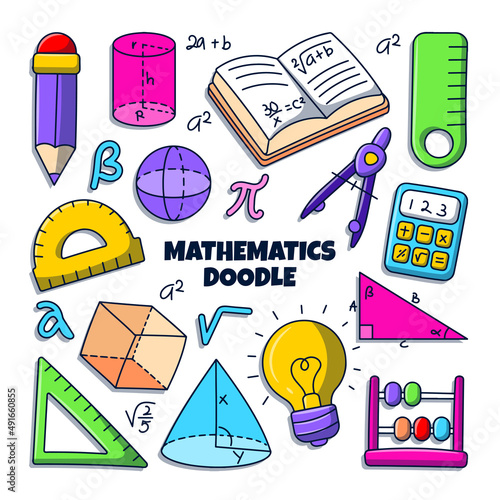 Mathematics doodle illustration with colored hand drawn style photo