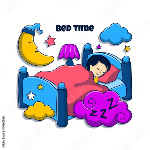Sleeping badtime doodle illustration with colored hand drawn style