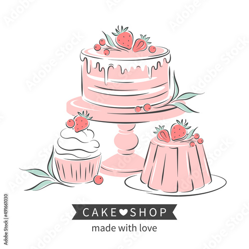 Cake shop logo. Сake, cupcake and berries. Vector illustration on white background for menu, recipe book, baking shop.